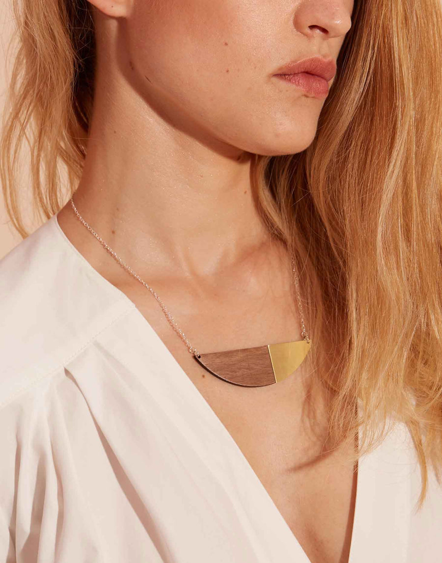 wooden necklace with brass on model