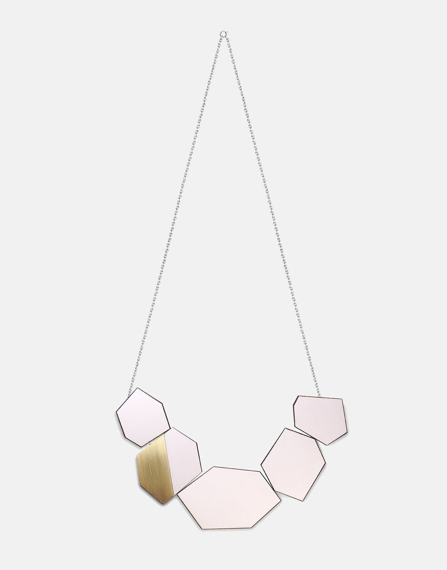 wooden geometric necklace in pink and brass