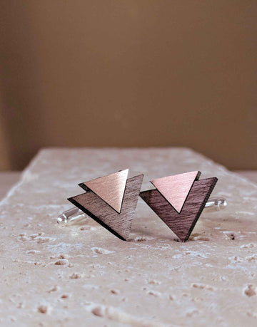 geometric cufflinks in wood and copper