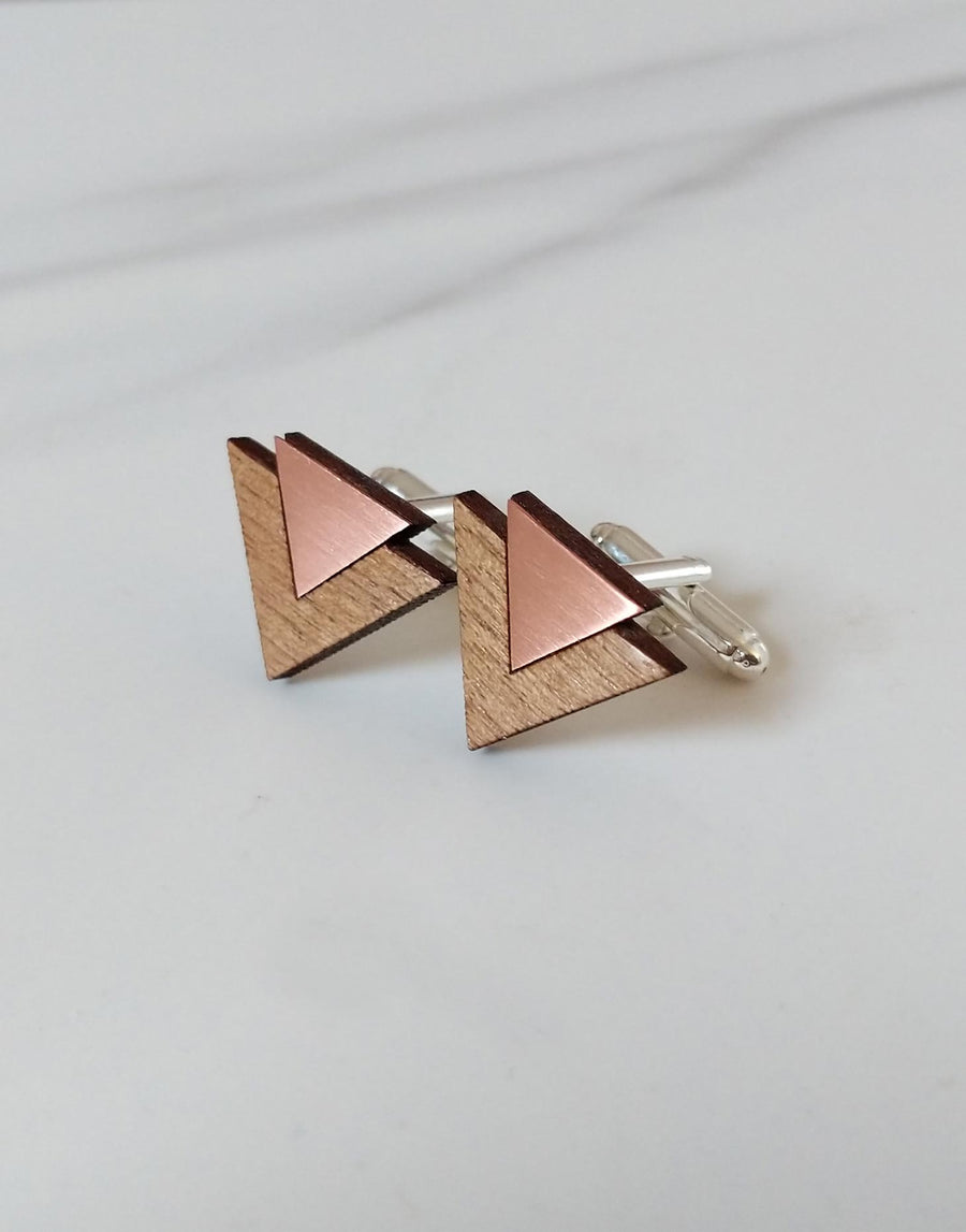 copper and wood cufflinks with triangle shape