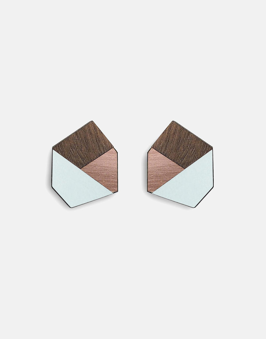 copper geometric earrings with wood and green formica