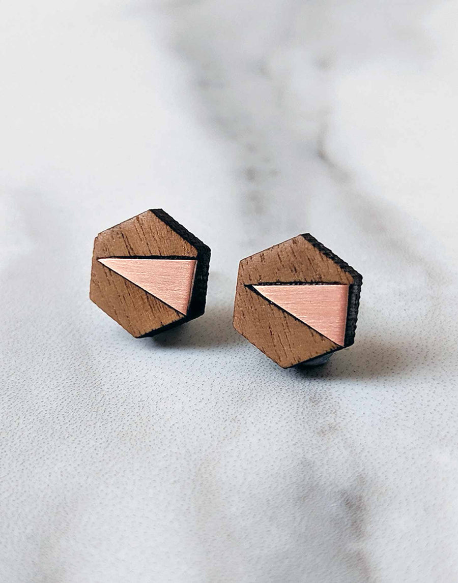 copper and wood hexagon earrings