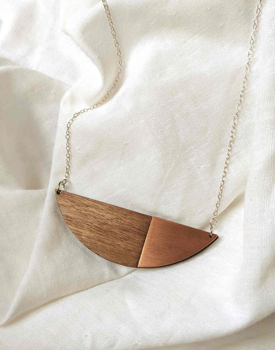 copper anniversary necklace with wood and silver chain