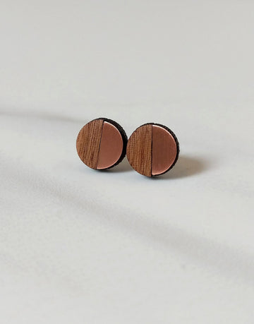 small copper and wood round stud earrings