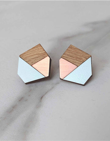 copper and wood geometric stud earrings with green formica