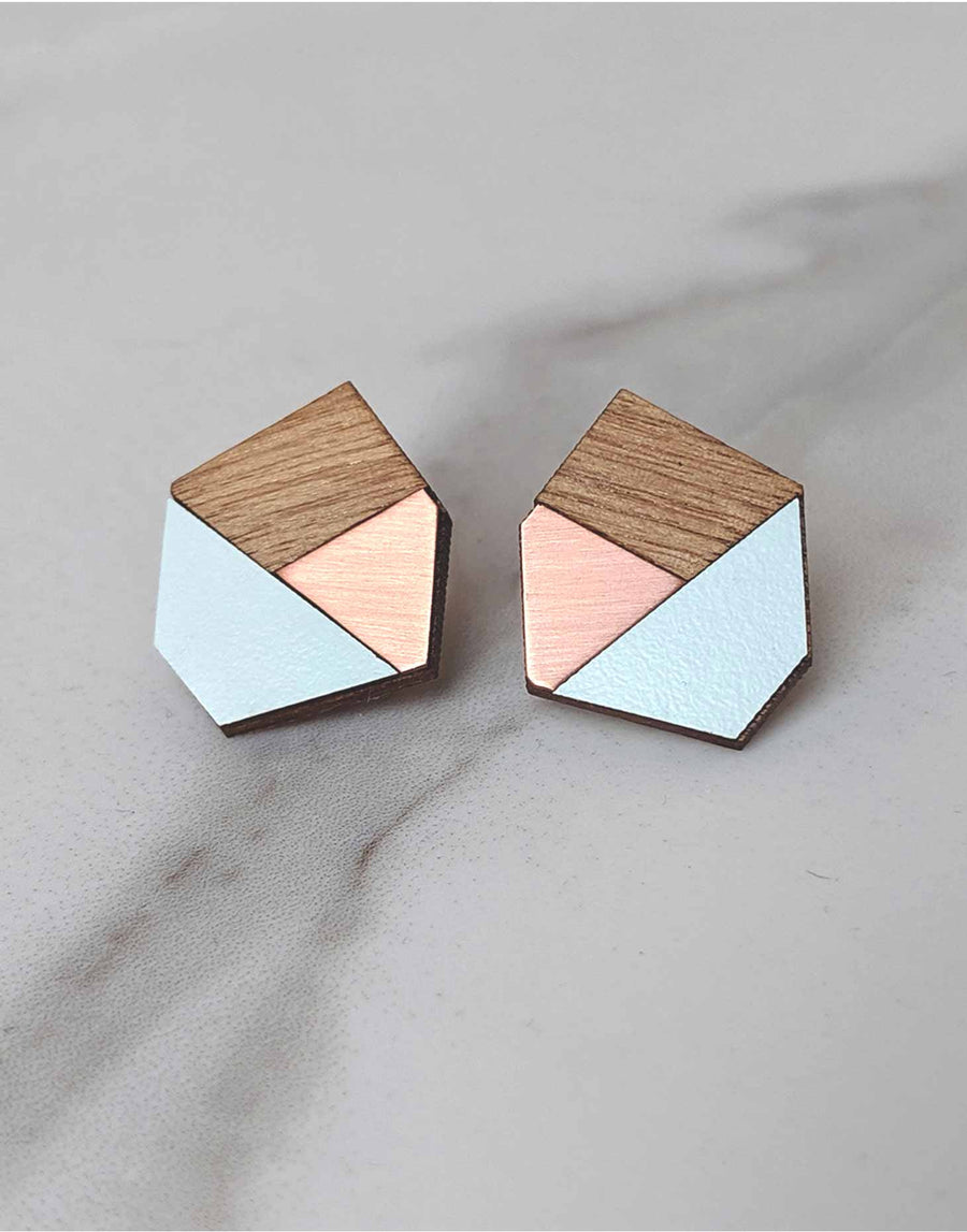 copper and wood geometric stud earrings with green formica
