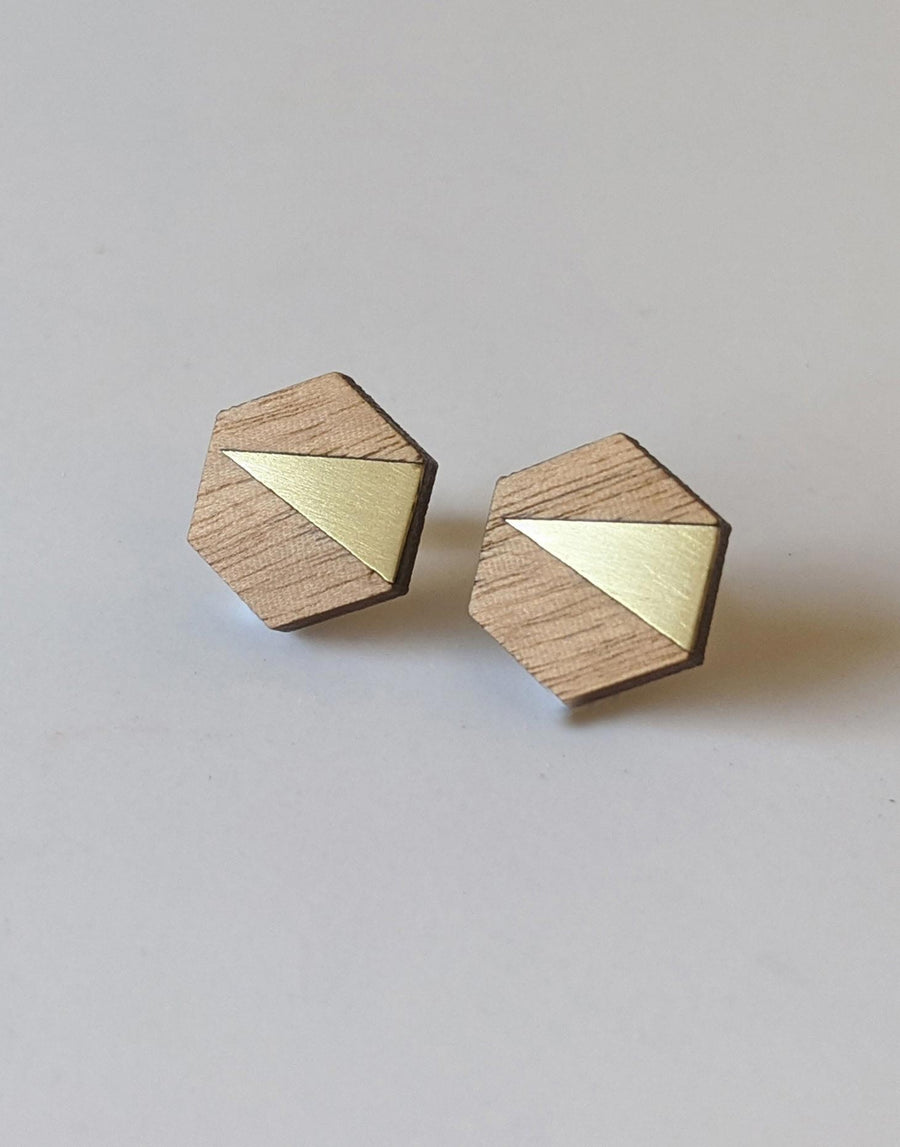 wood hexagon earrings with gold brass