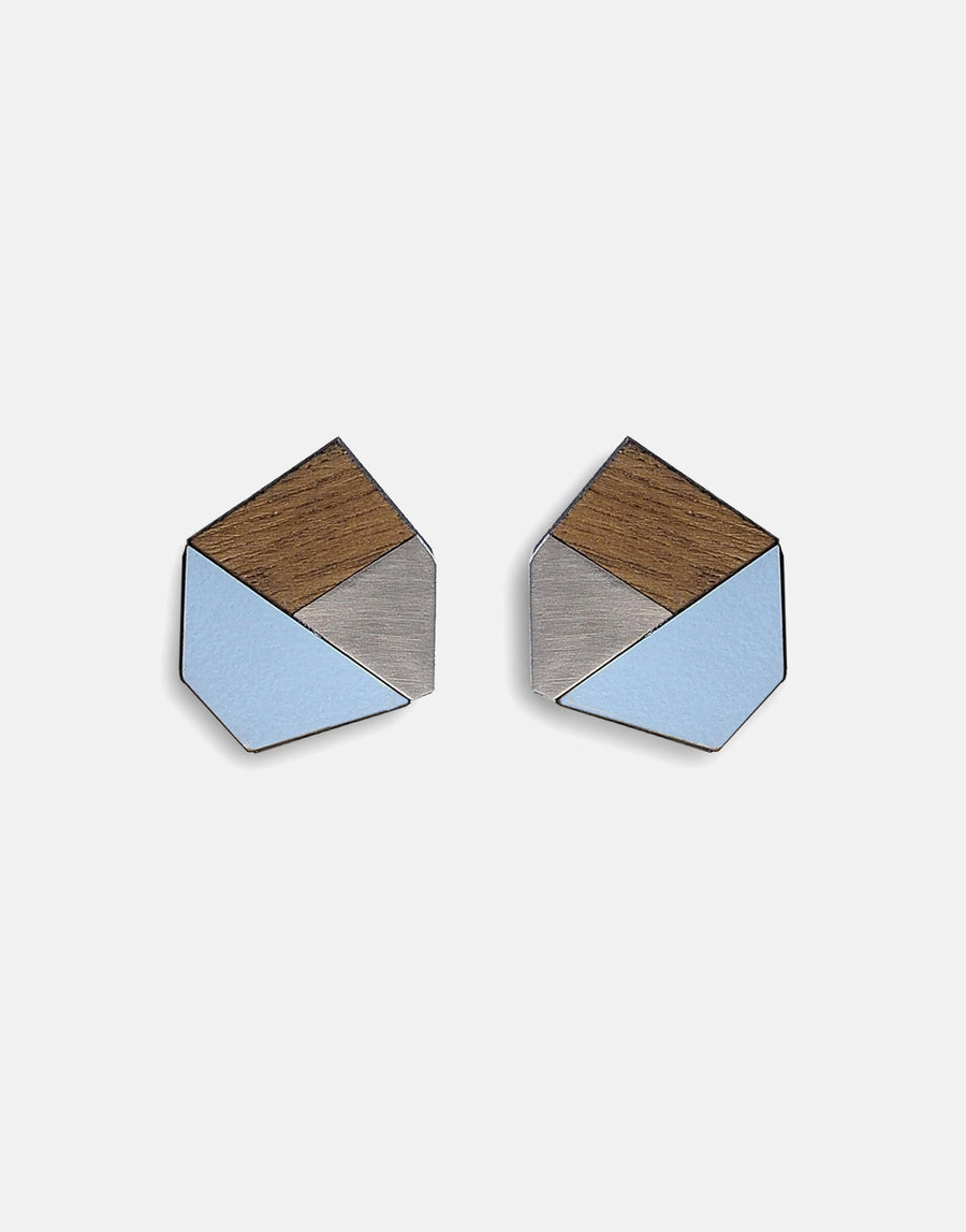 geometric steel and wood earrings in blue