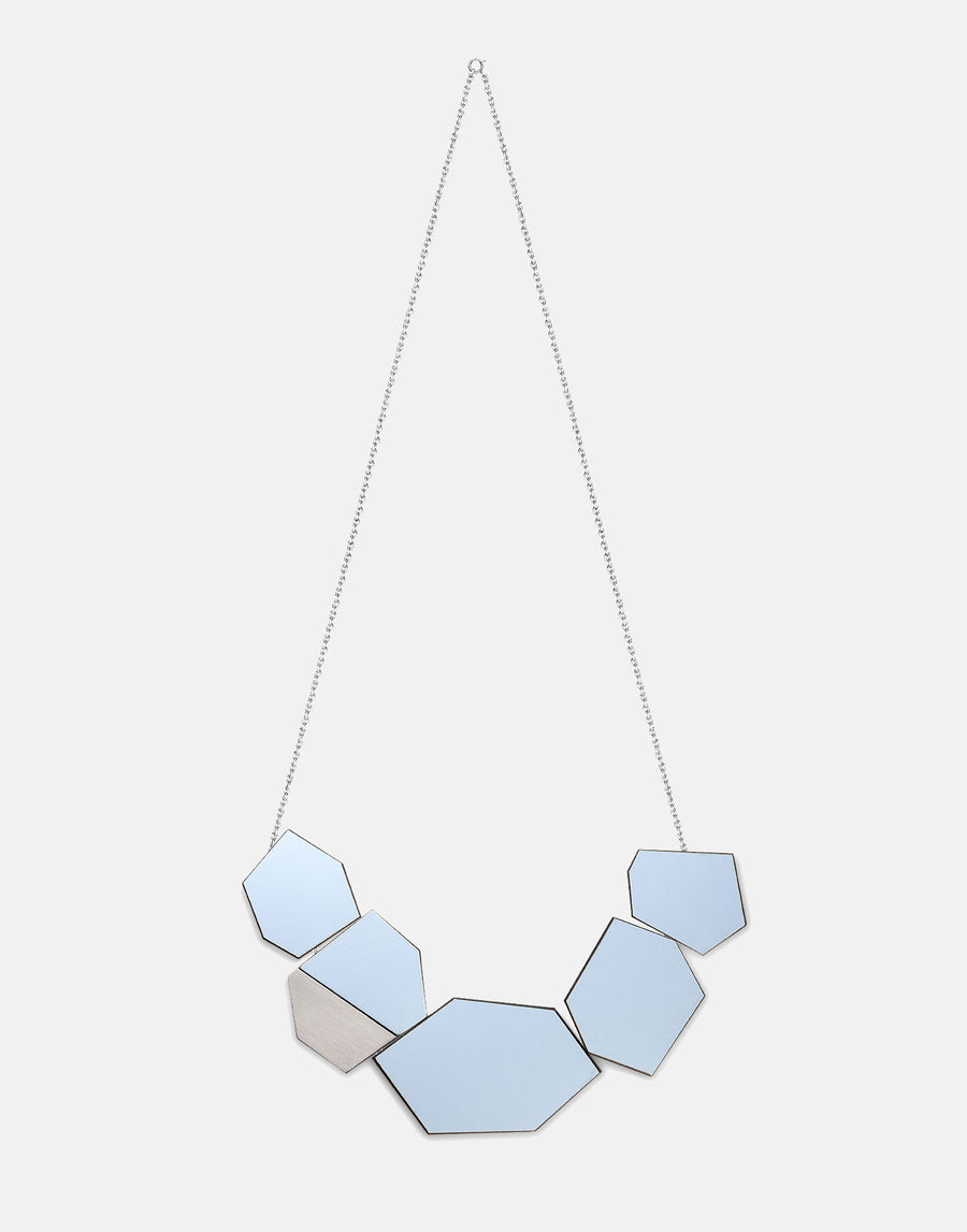 steel and blue formica statement necklace in full view