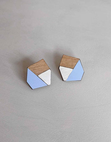 steel earrings with blue formica and walnut wood