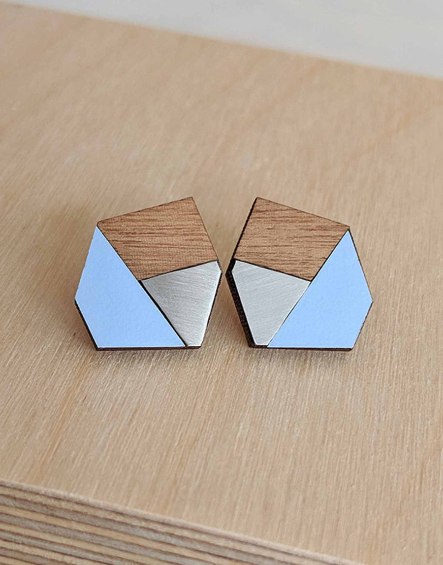 steel earrings with walnut wood and blue formica