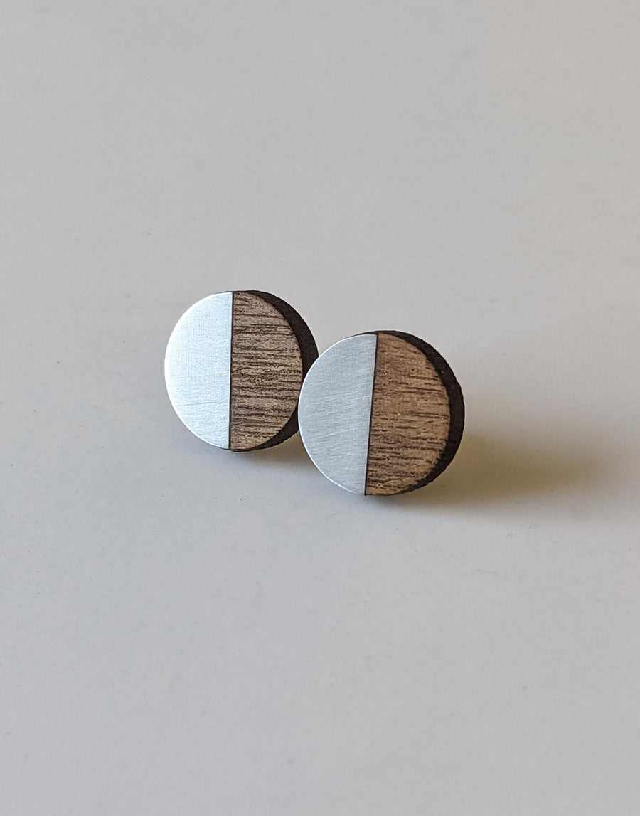 steel and wood round earrings