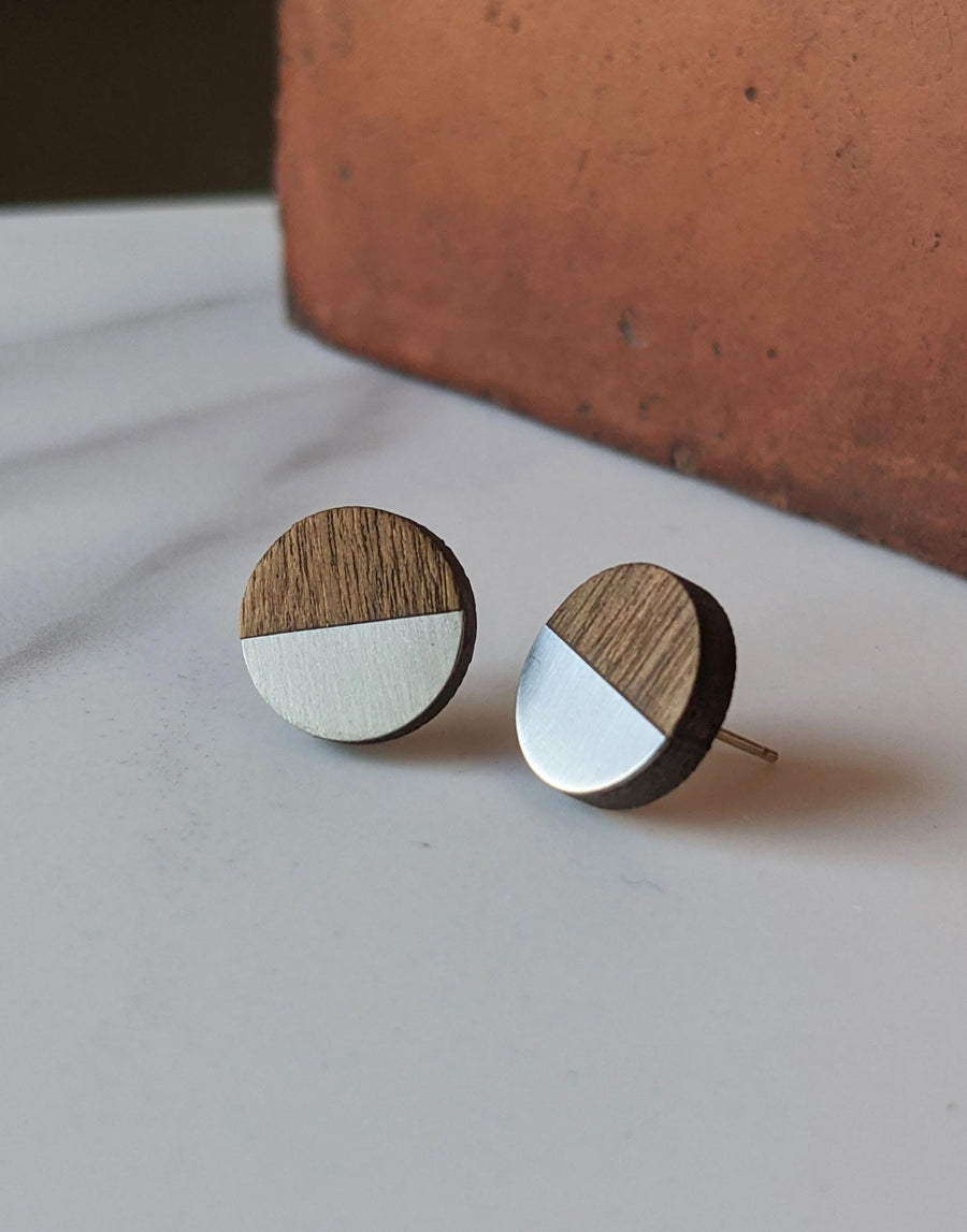 round steel earrings with wood