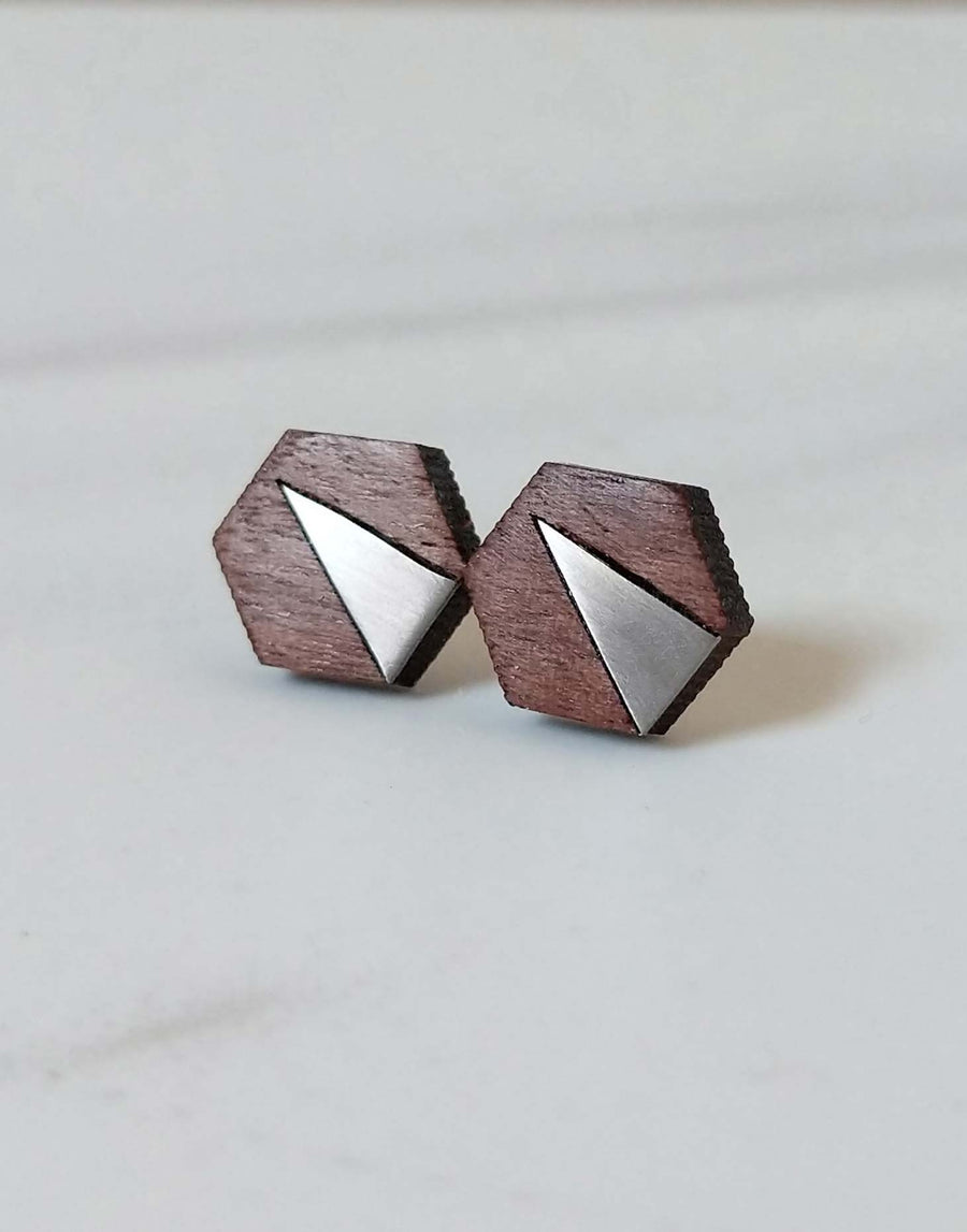 steel hexagon earrings with walnut wood