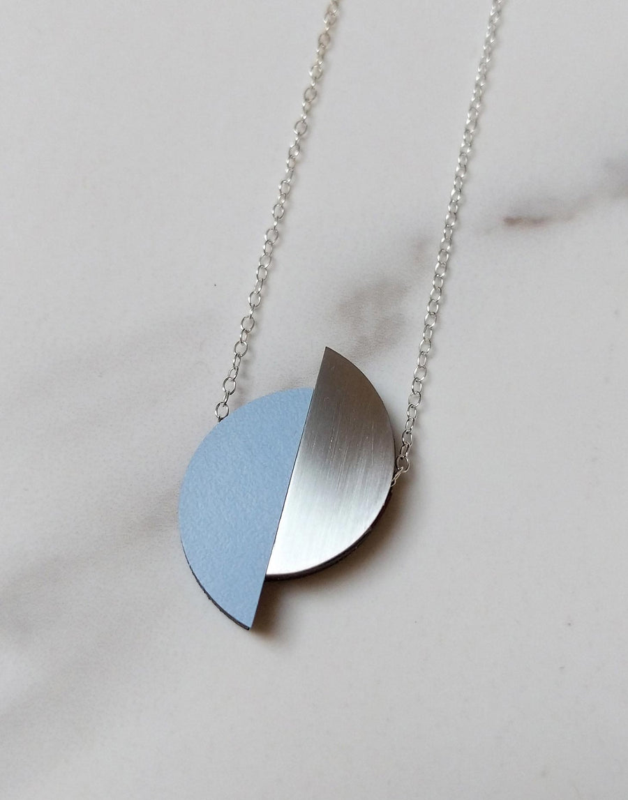 steel and blue formica semi circle necklace