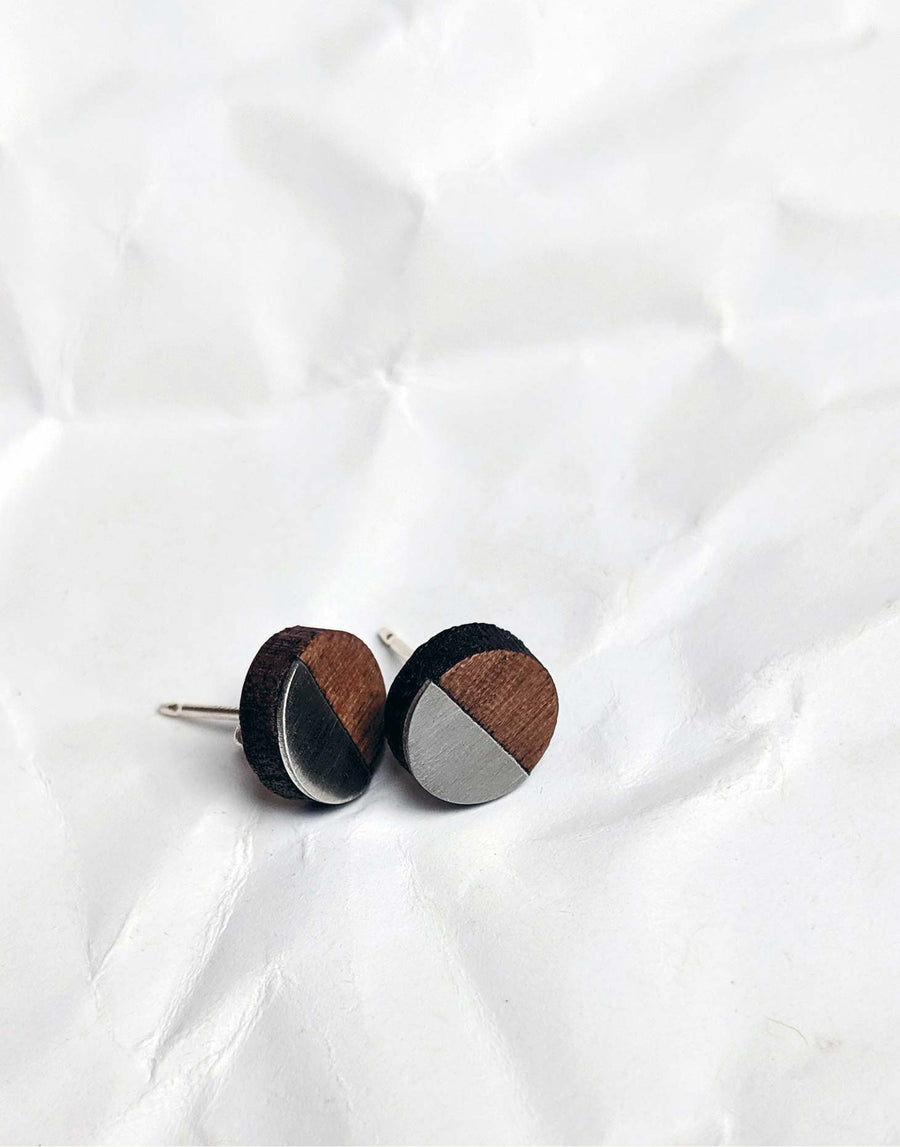 small round steel and wood earrings