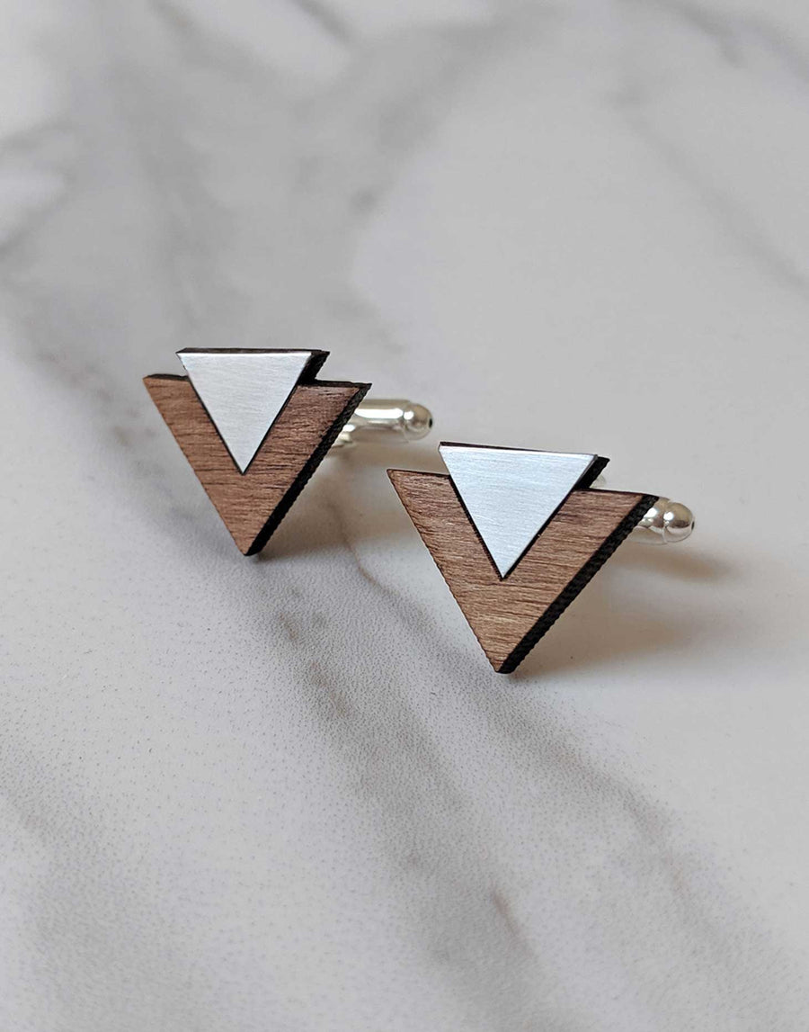 steel and wood triangle cufflinks 