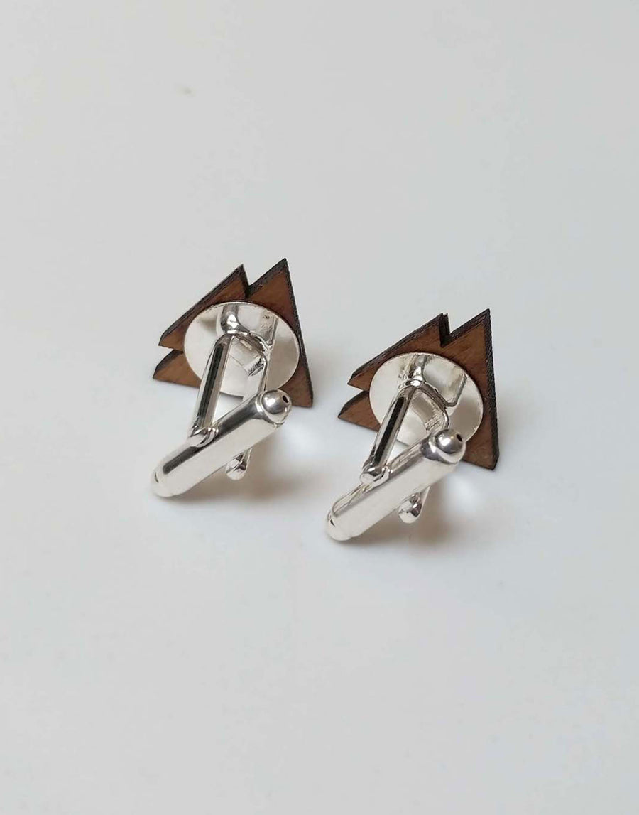 steel and wood triangle cufflinks from teh back