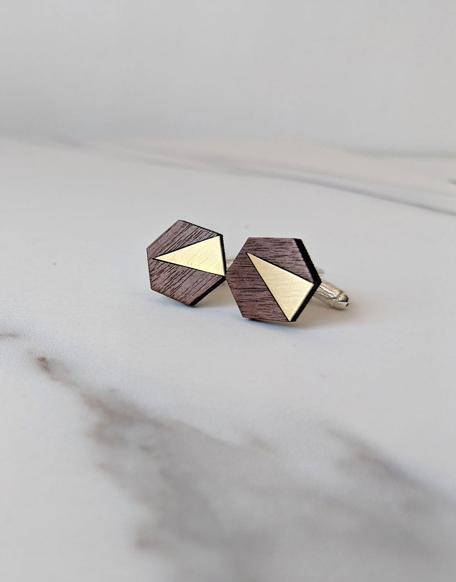 wood and brass hexagon cufflinks 