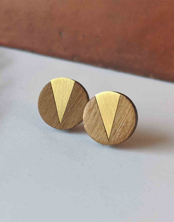 round wood earrings with brass triangle