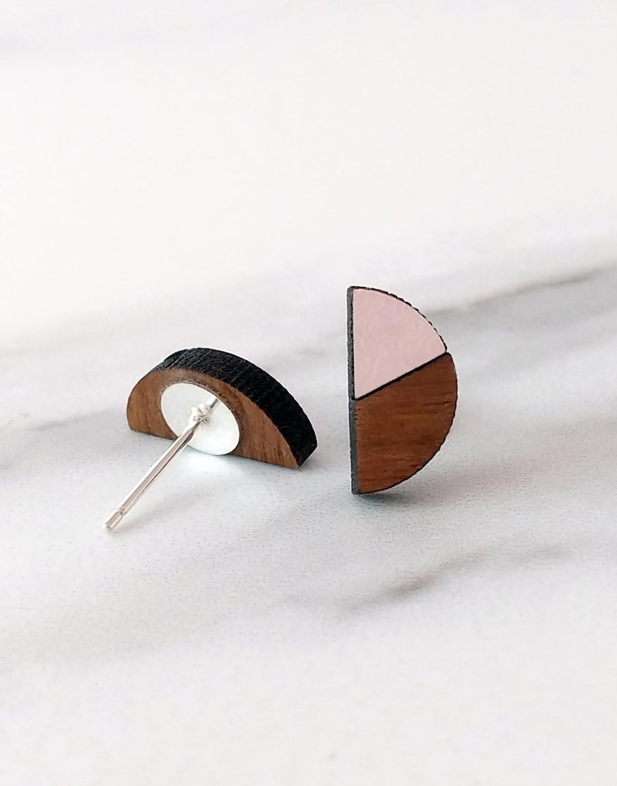 wood and pink formica earrings with silver backs