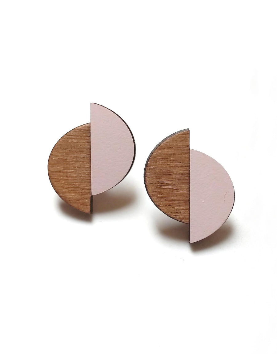 geometric wooden earrings with pink formica 