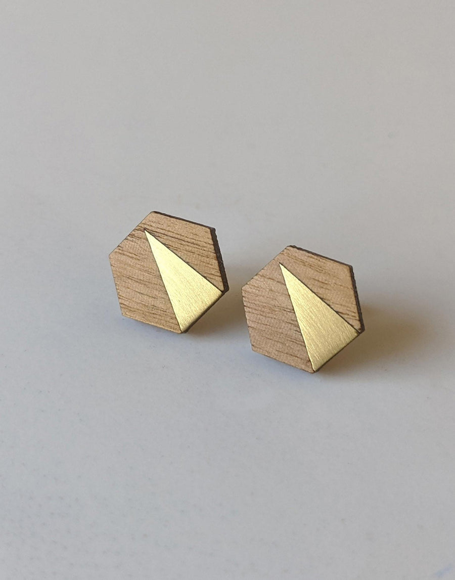 wood hexagon earrings with brass