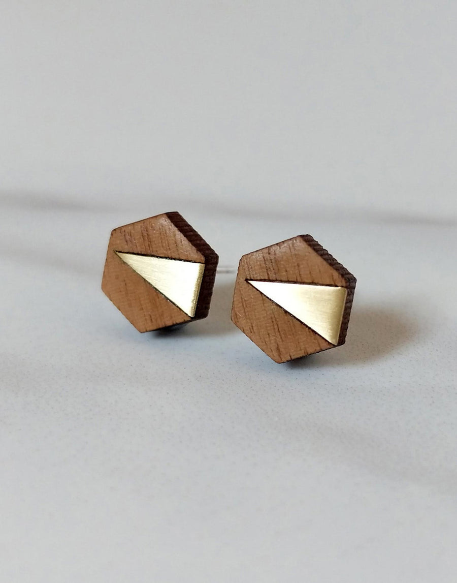 wood earrings in hexagon shape with brass inlay