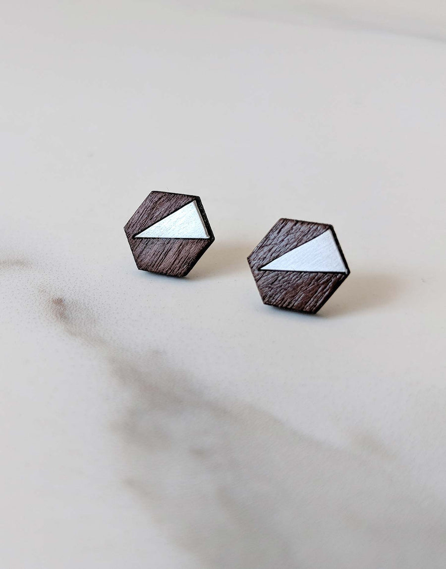 wood and steel hexagon earrings