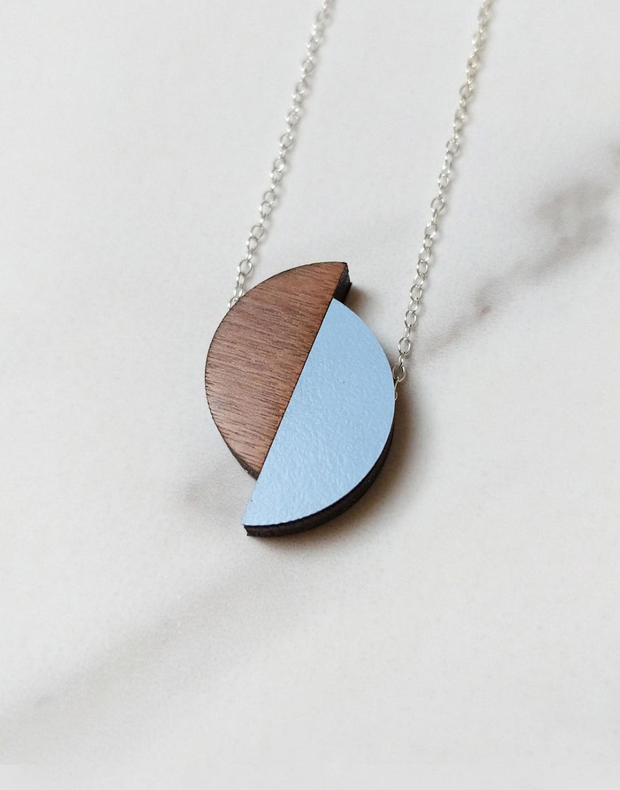 wooden necklace with steel and blue formica 