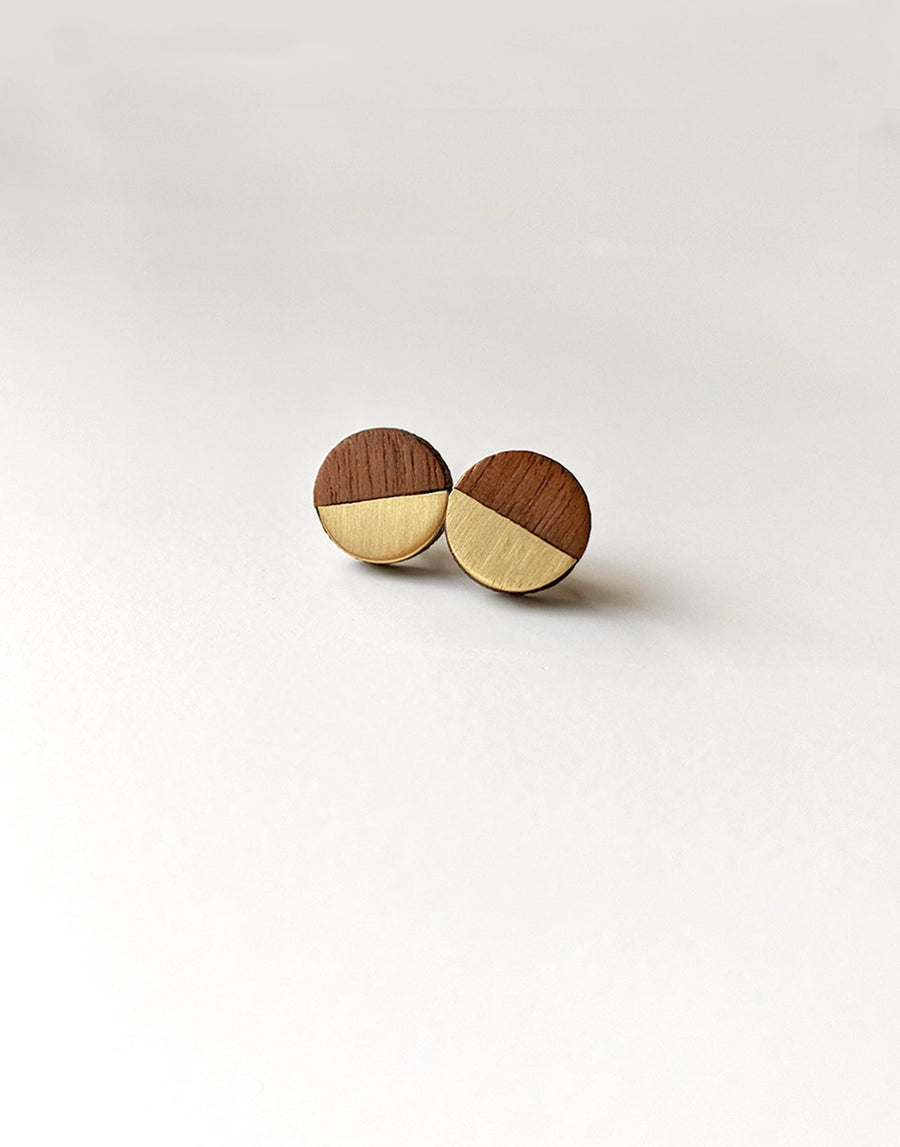 small round wooden stud earrings with brass inlay