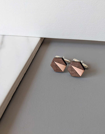 wooden hexagon cufflinks in copper