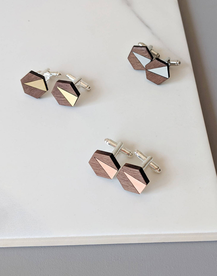 wood brass, copper and steel hexagon cufflink options