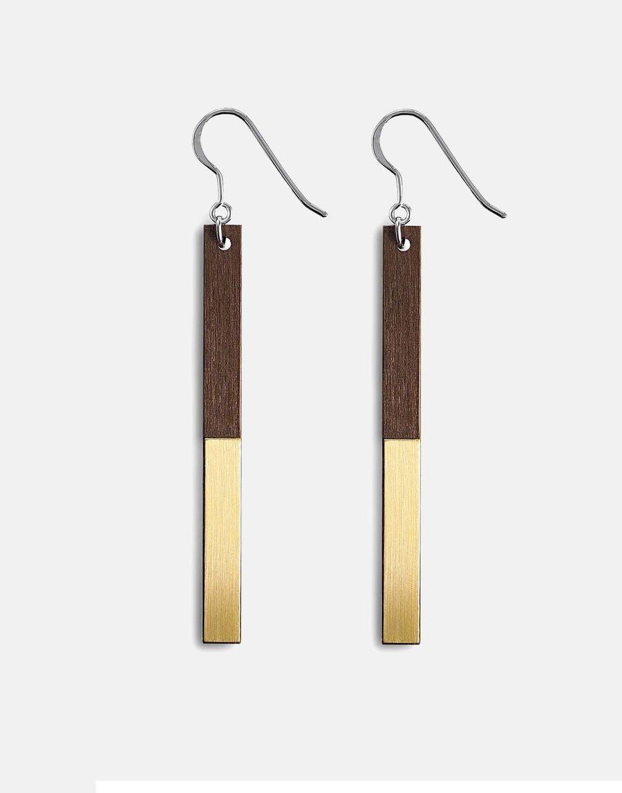 wooden drop earrings with brass inlay