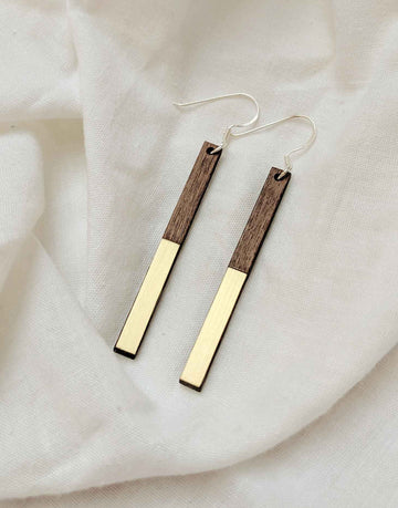 wooden dangle earrings with gold brass