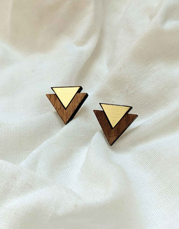 triangle wooden earrings with brass close up
