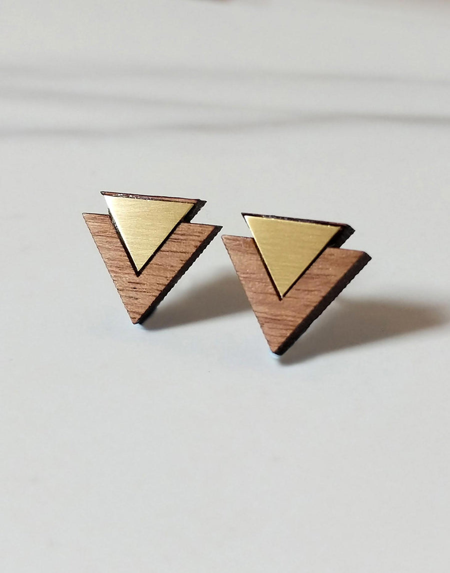 triangle wooden earrings with brass inlay
