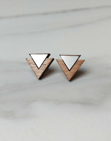 steel triangle earrings with wood