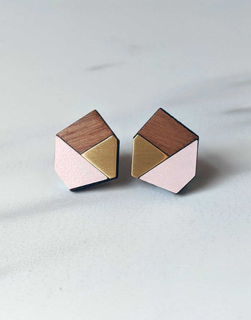 geometric wooden earrings with brass and pink formica