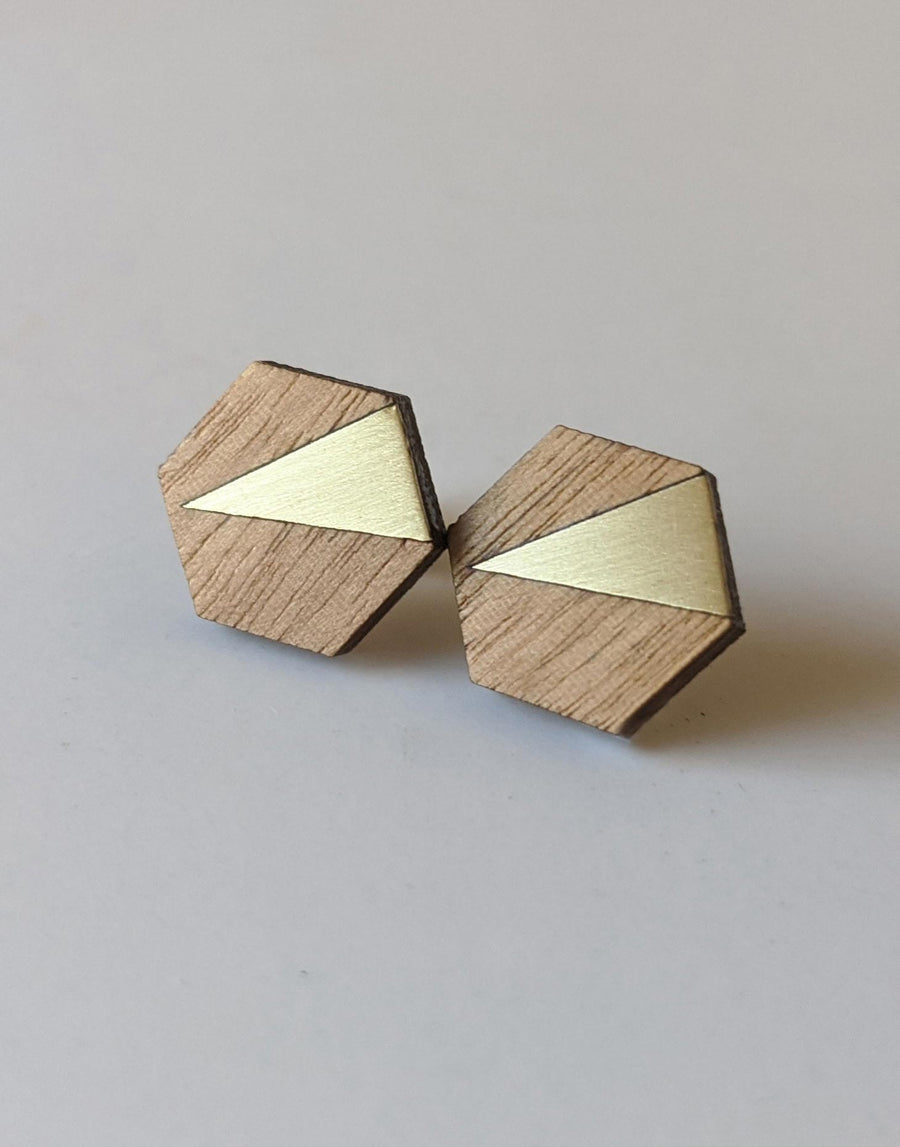 wooden hexagon earrings with brass inlay