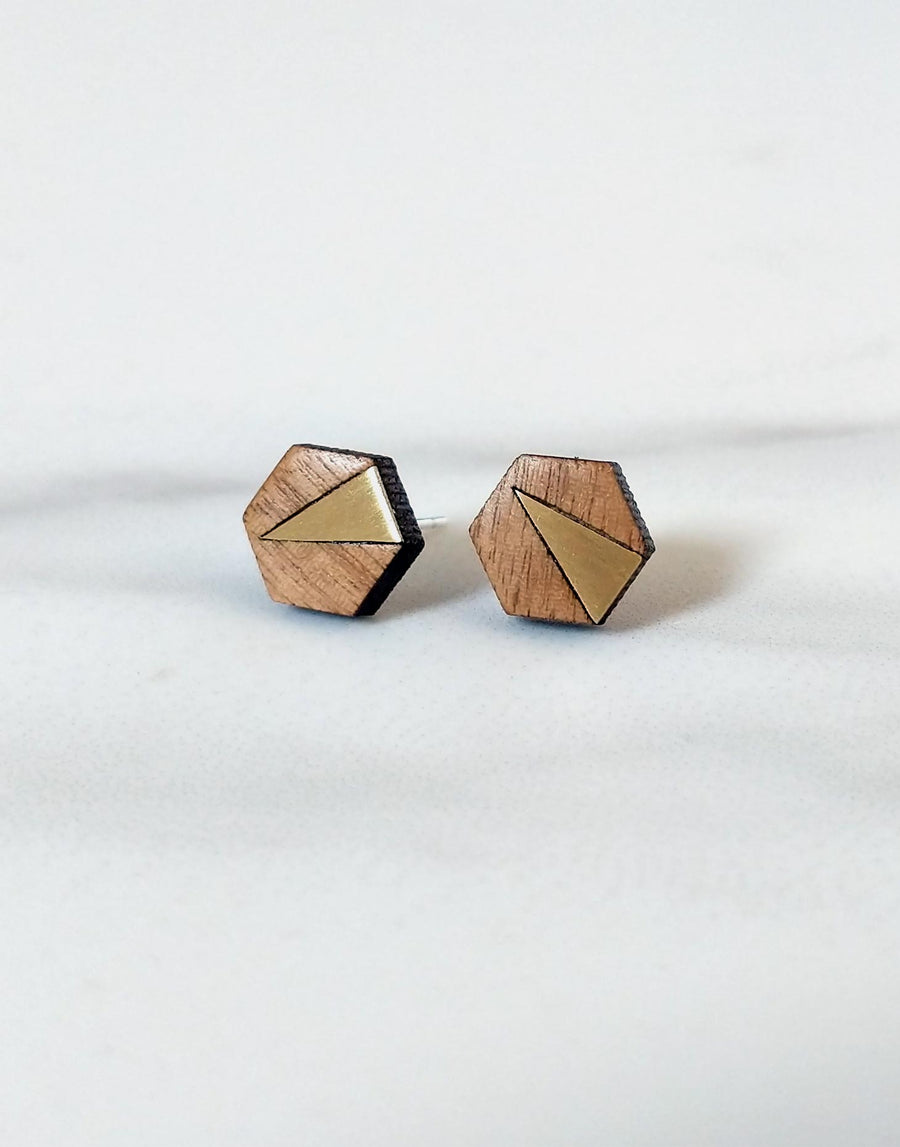 wooden hexagon earrings with brass