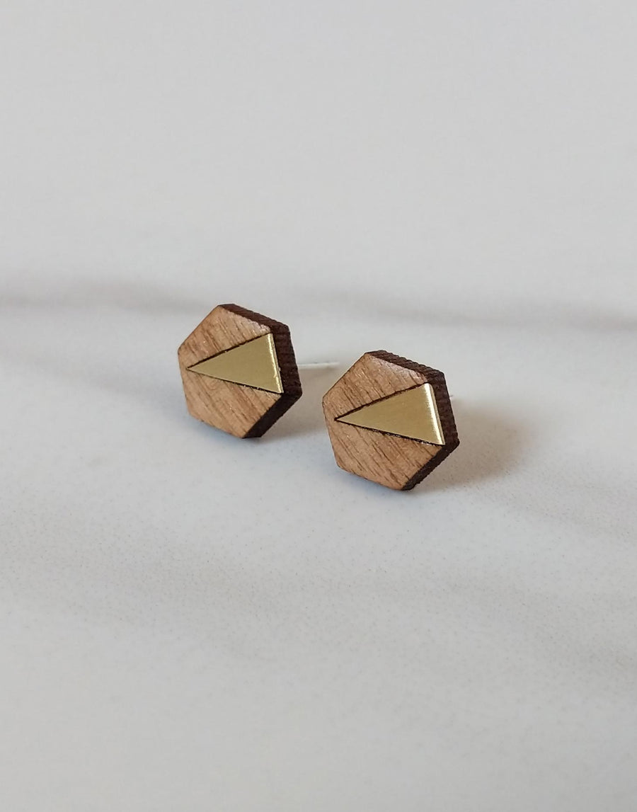 wooden hexagon earrings with brass and silver posts