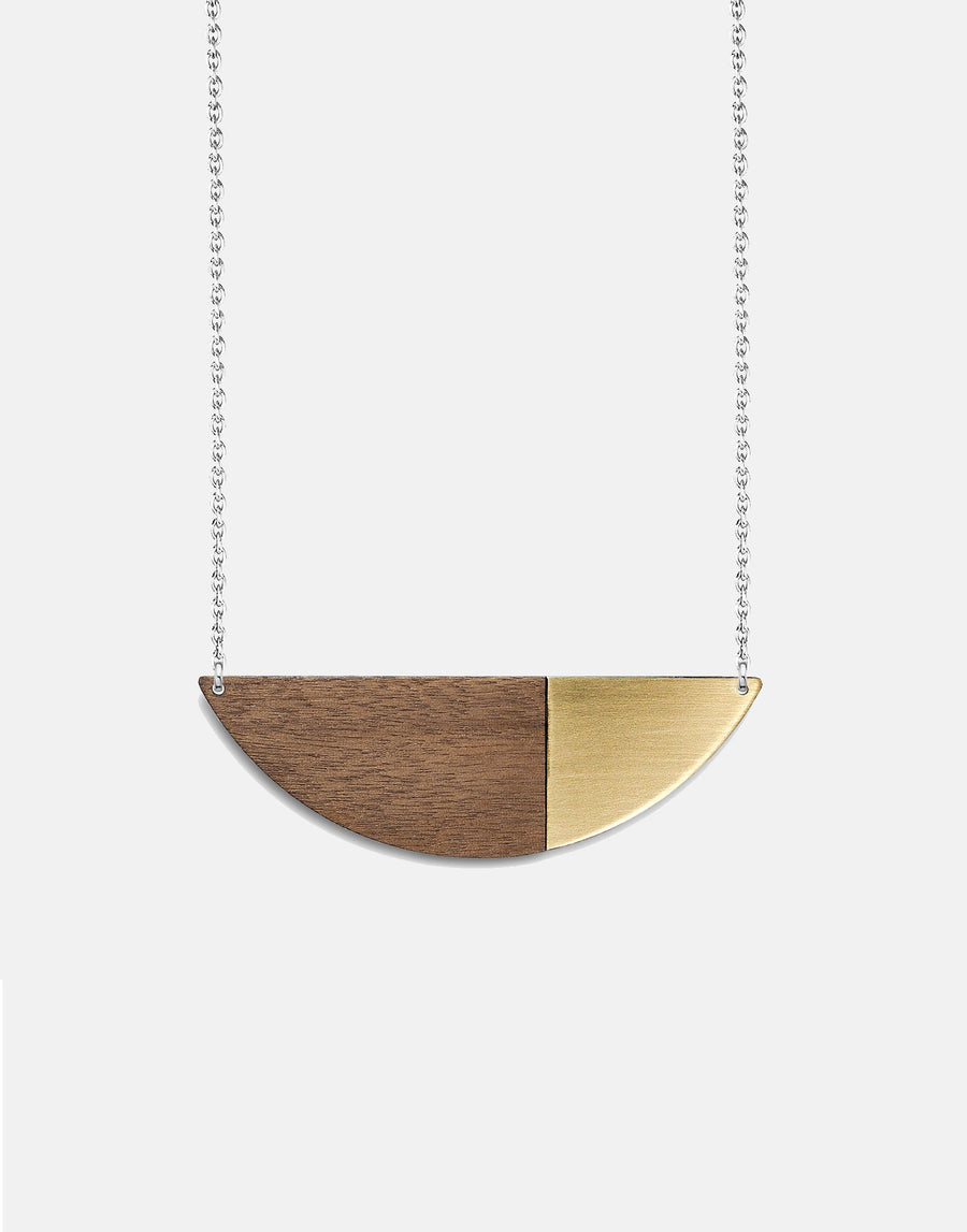 wooden necklace with brass close up