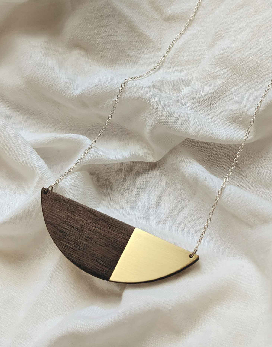 brass and wood necklace with minimalist style